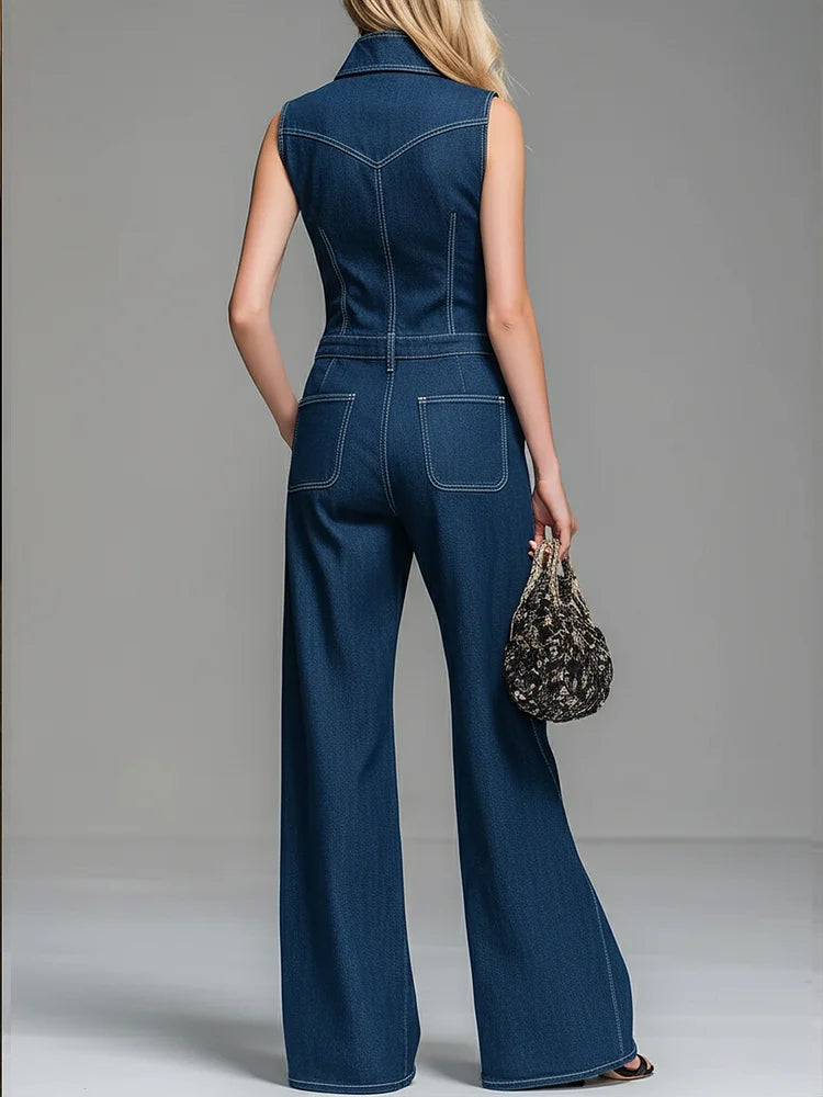 Women's Casual 100% Cotton Zip-up Denim Jumpsuit