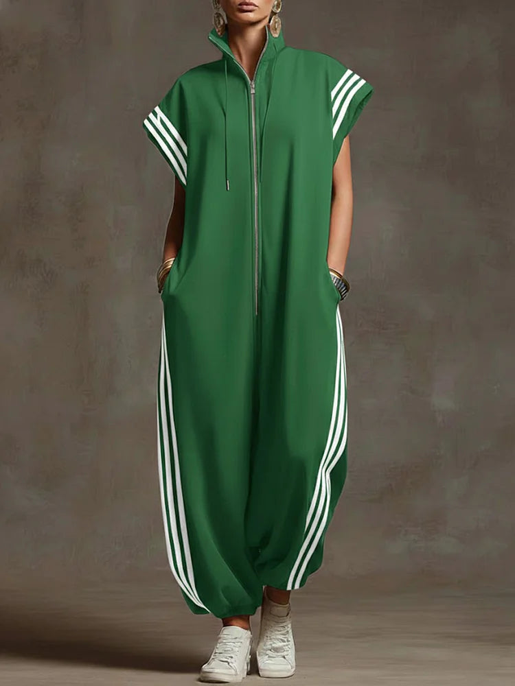 Women's Stand-collar Short-sleeved Casual Loose Cotton Wide-leg Jumpsuit