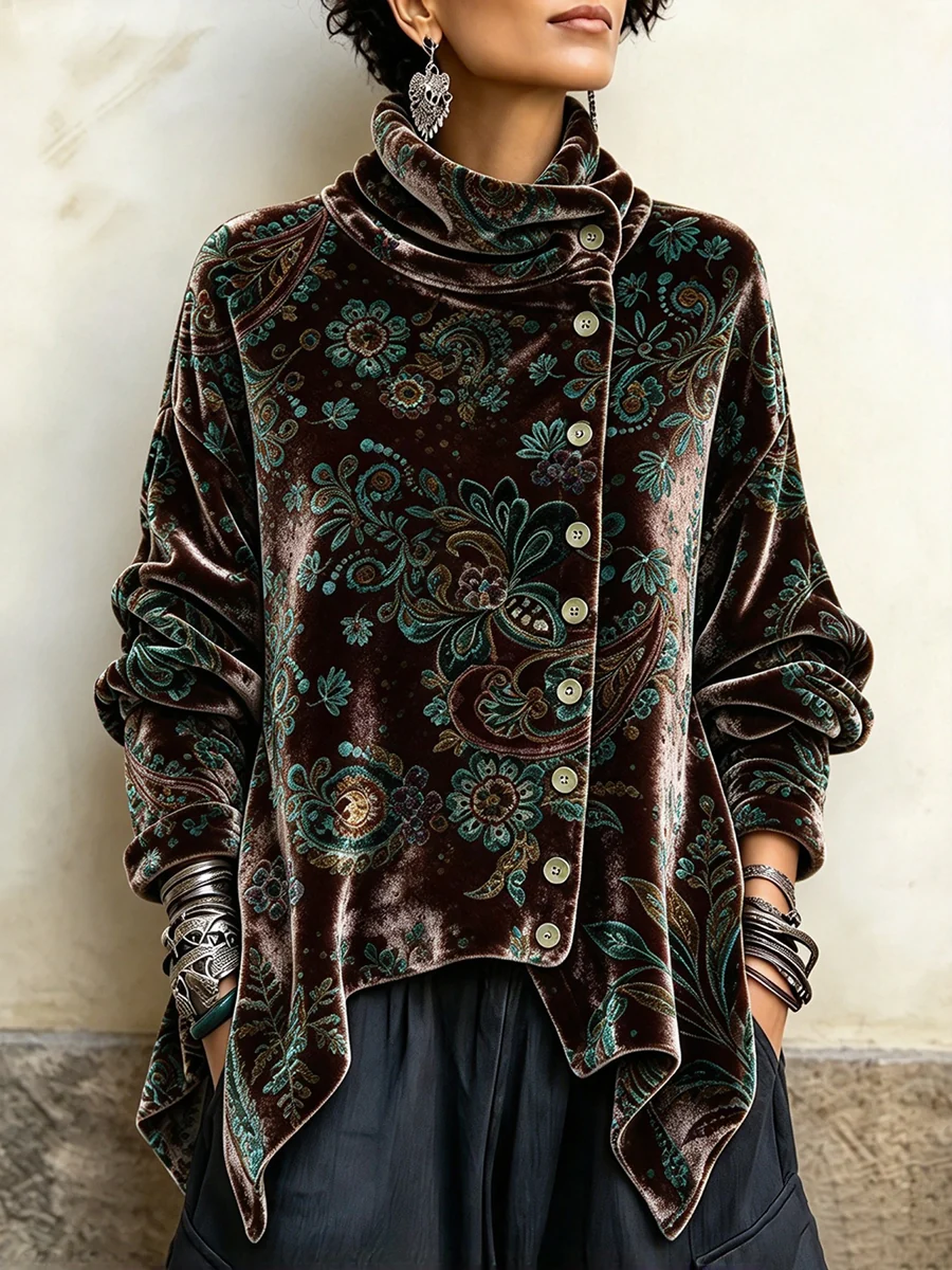 Floral Velvet Asymmetrical Button Top