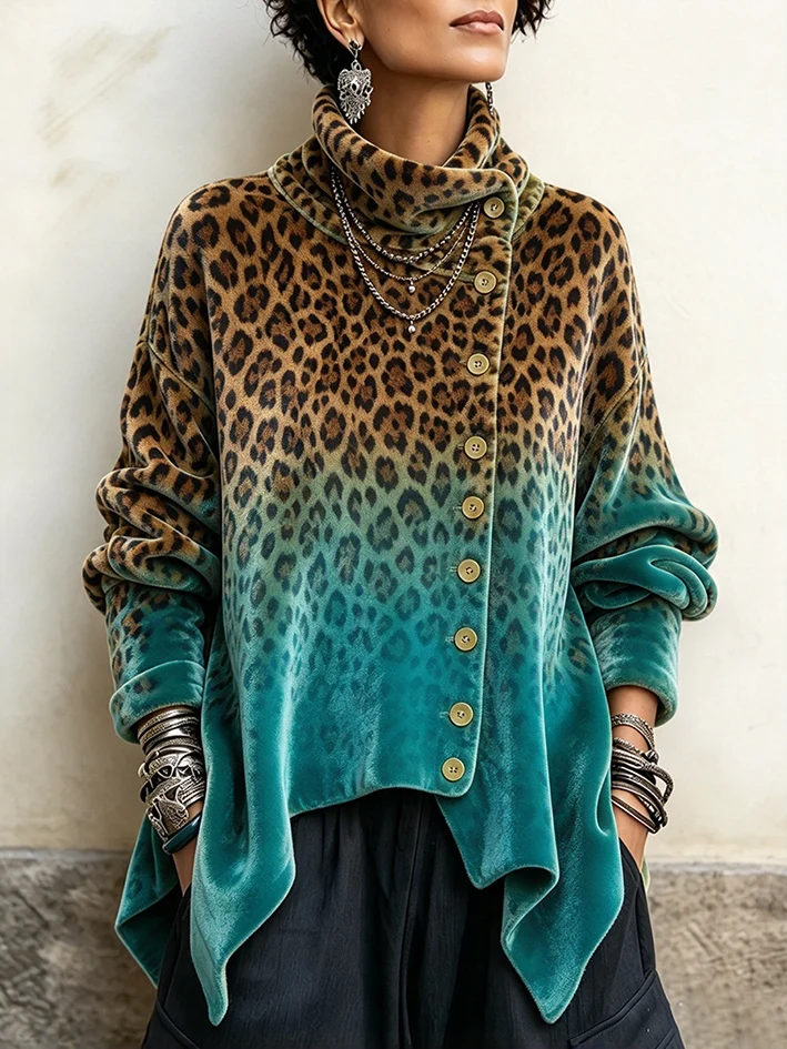 Leopard Velvet Asymmetrical Button Top