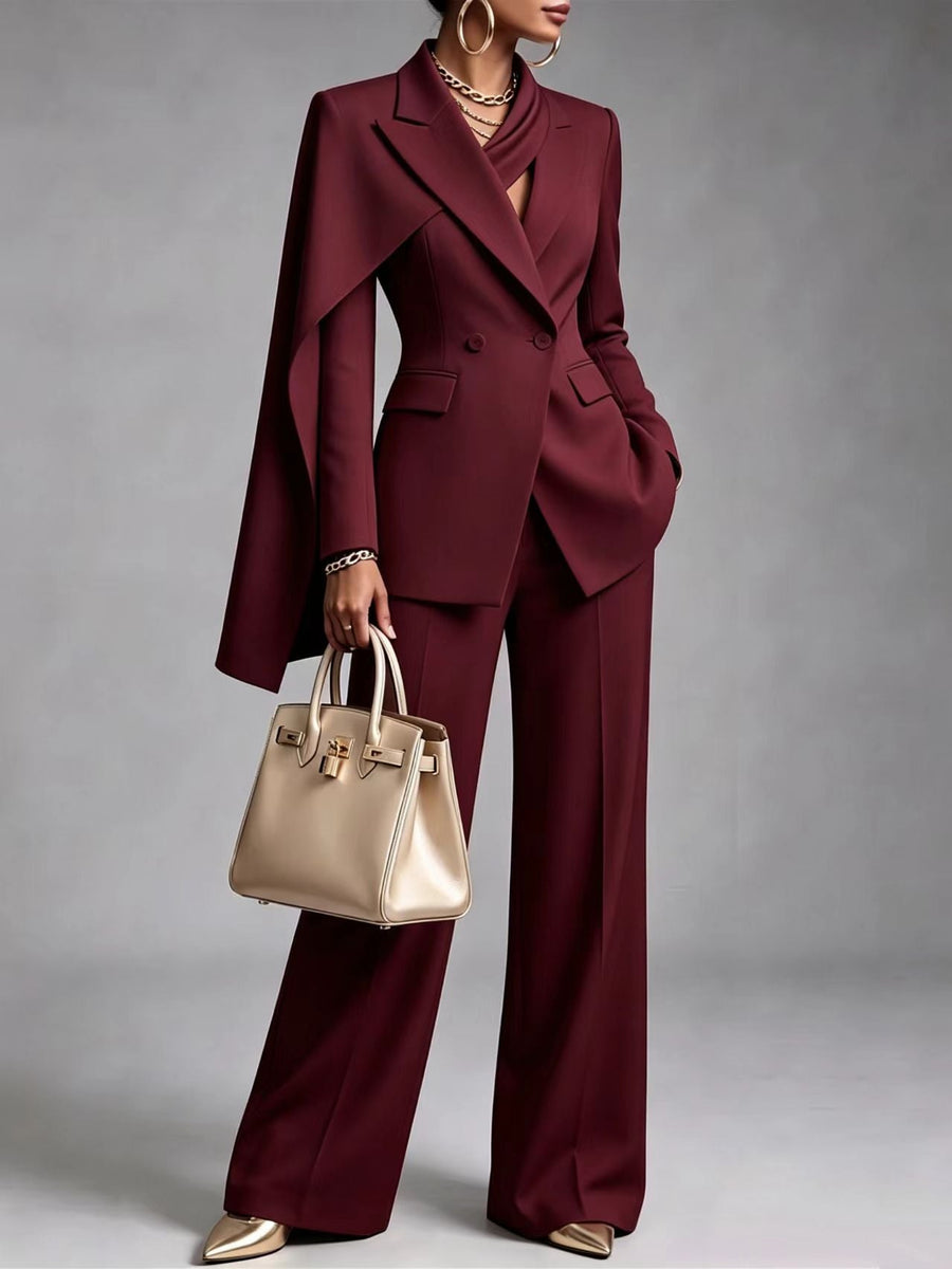 Women’s Chic 2-Piece Suit Set – Asymmetric Cape Blazer & Wide-Leg Pants