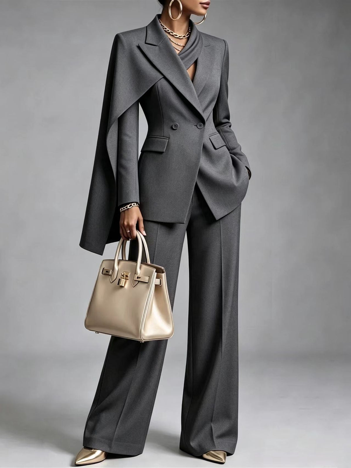 Women’s Chic 2-Piece Suit Set – Asymmetric Cape Blazer & Wide-Leg Pants