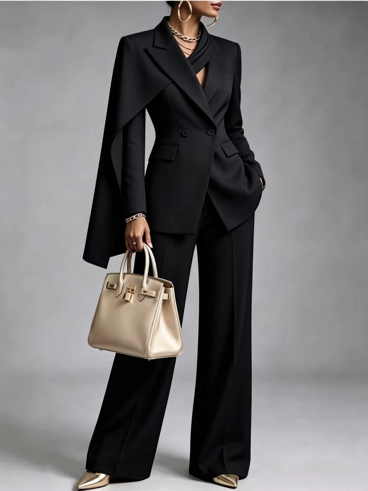 Women’s Chic 2-Piece Suit Set – Asymmetric Cape Blazer & Wide-Leg Pants