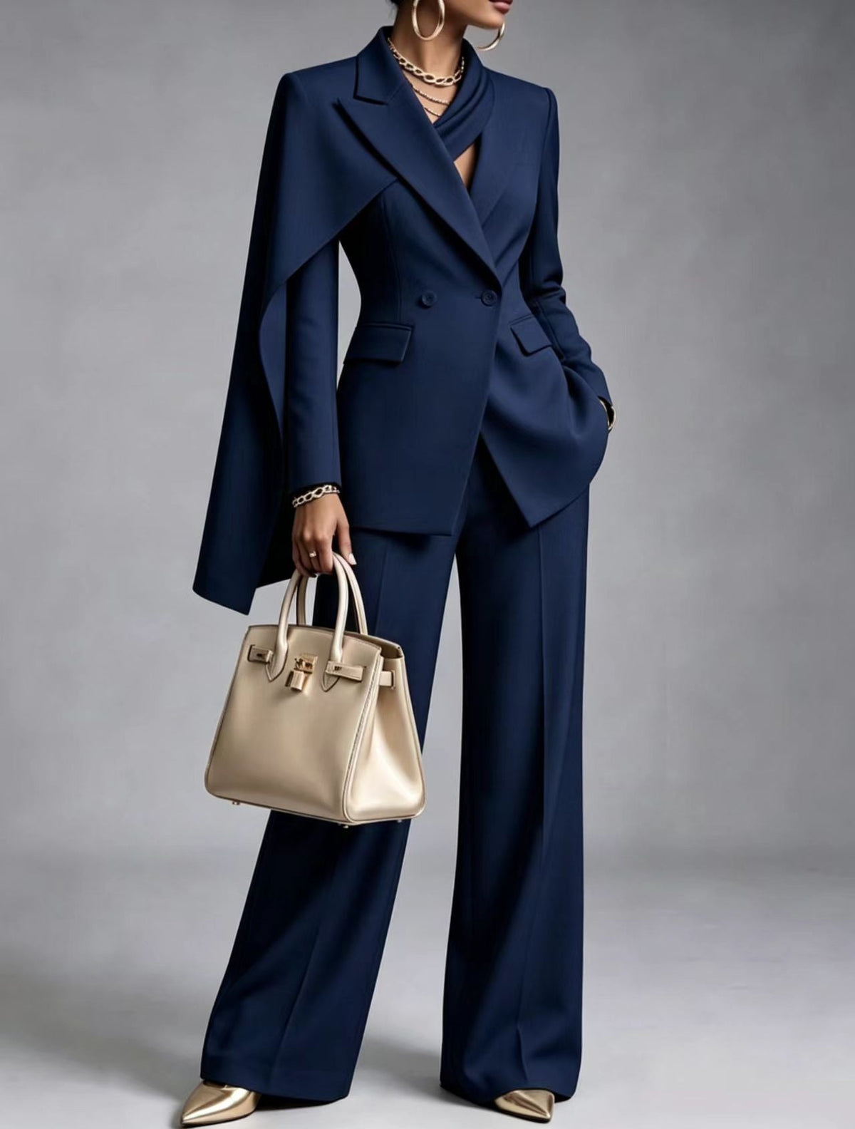 Women’s Chic 2-Piece Suit Set – Asymmetric Cape Blazer & Wide-Leg Pants