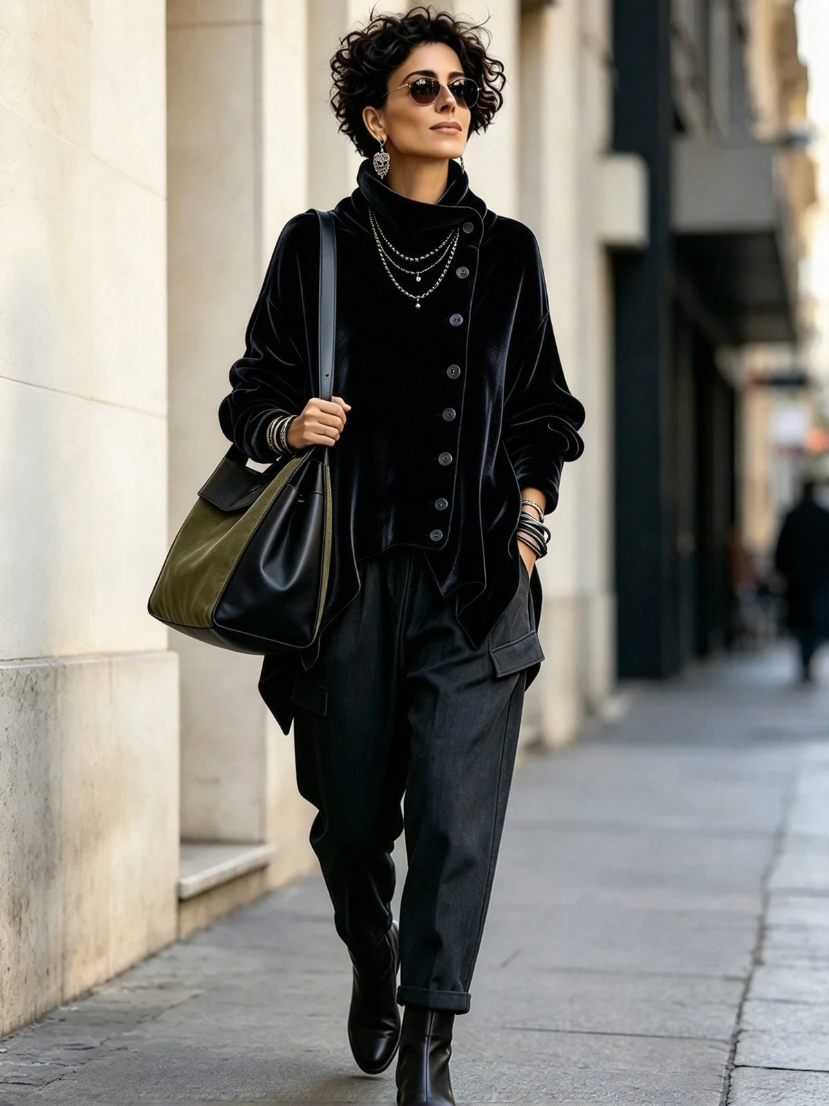 Chic Velvet Asymmetric Button Turtleneck Top