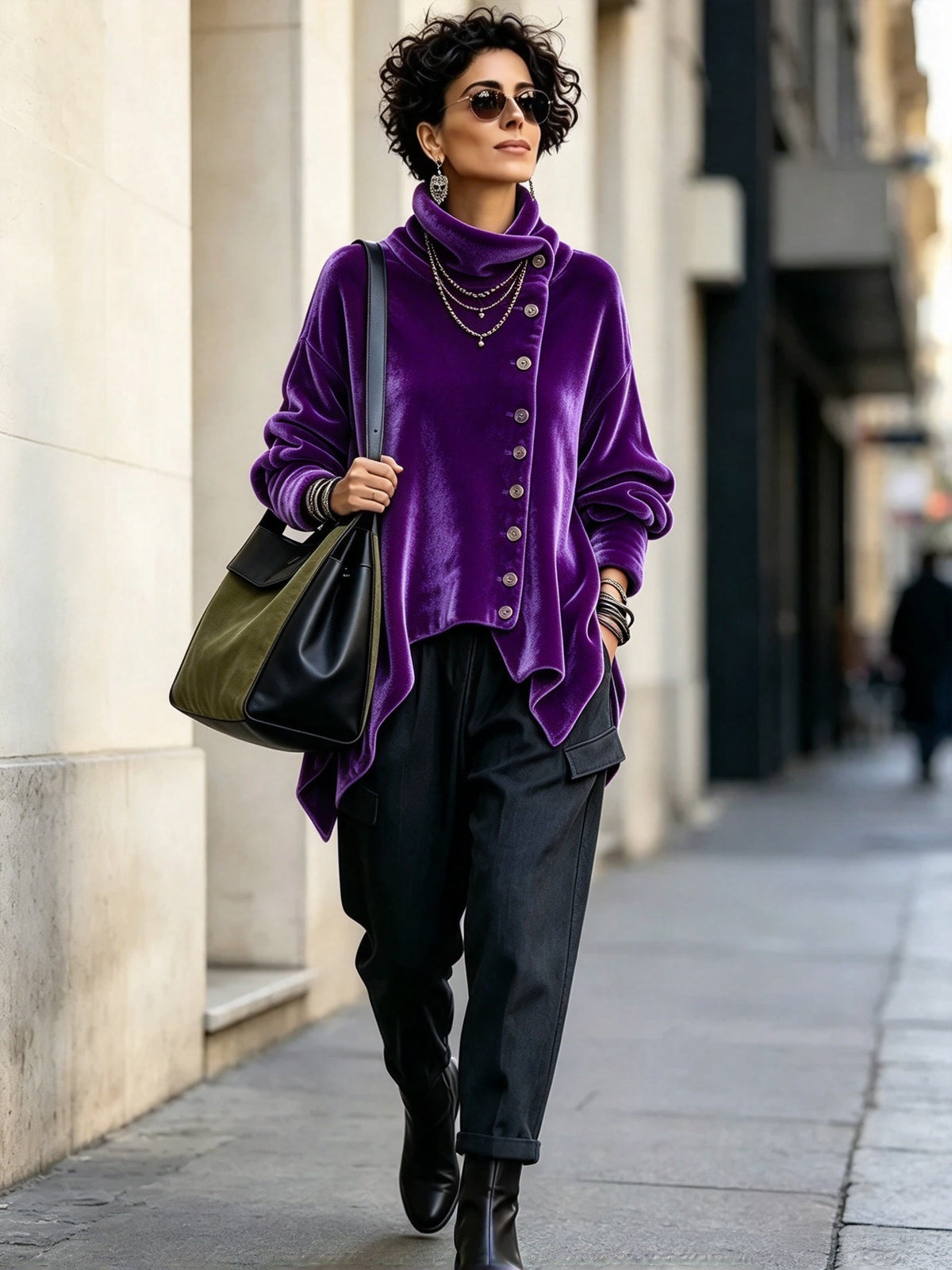Chic Velvet Asymmetric Button Turtleneck Top