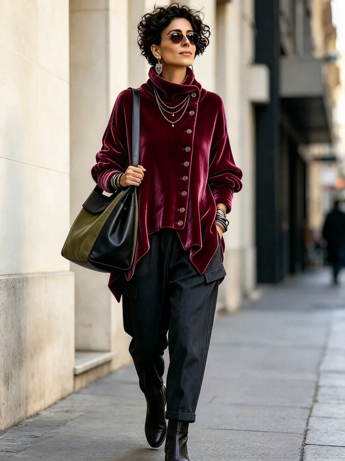 Chic Velvet Asymmetric Button Turtleneck Top