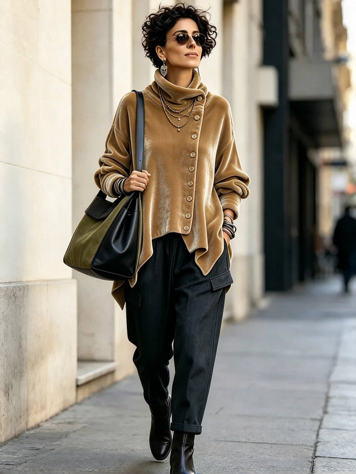 Chic Velvet Asymmetric Button Turtleneck Top