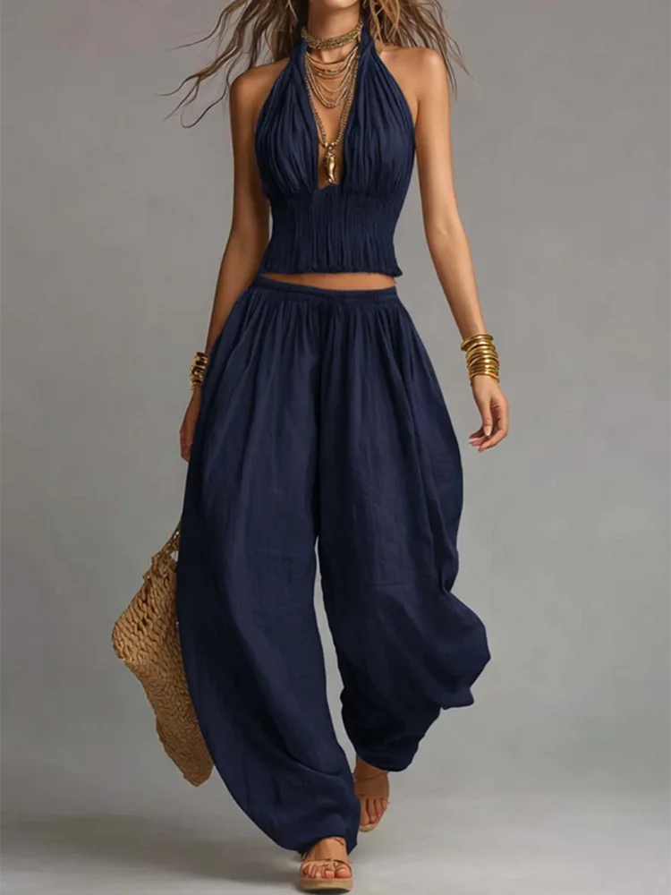 Sexy Boho Halter Top & Wide-leg Pants Two-piece Set