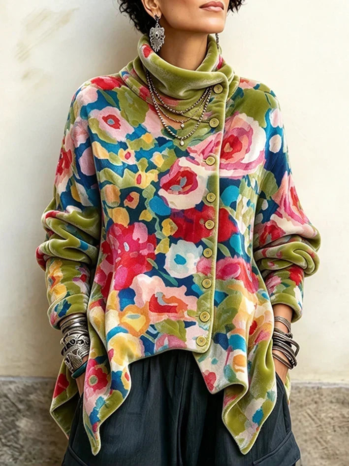 Vintage Abstract Print Asymmetrical Turtleneck Top
