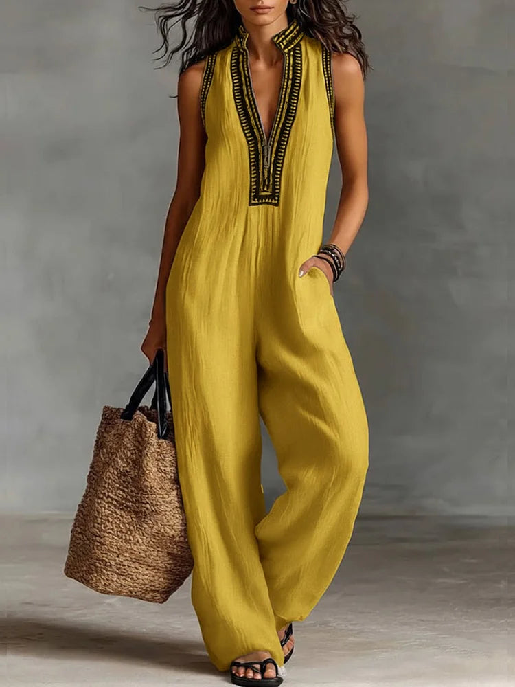 Women's V-neck Sleeveless Casual Loose Cotton And Linen Jumpsuit