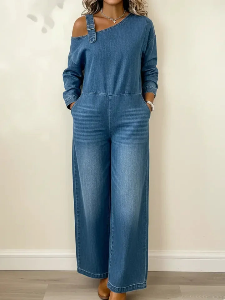 Women's Fashionable Off-the-shoulder Denim Jumpsuit