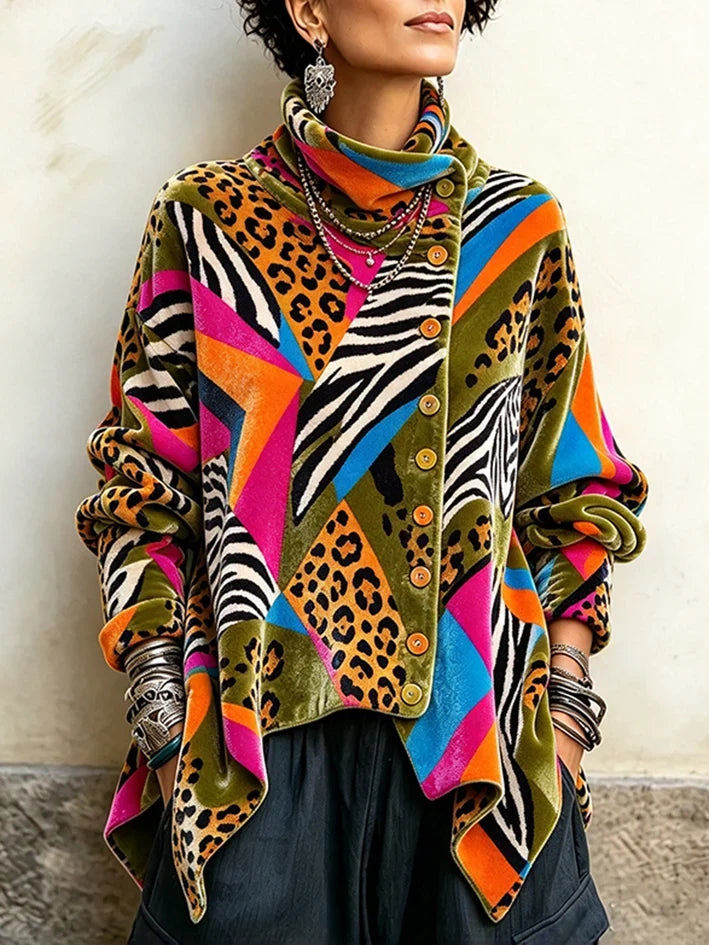Colorful Animal Print Velvet Button-Up Top – Luxe, Flattering & Effortlessly Chic