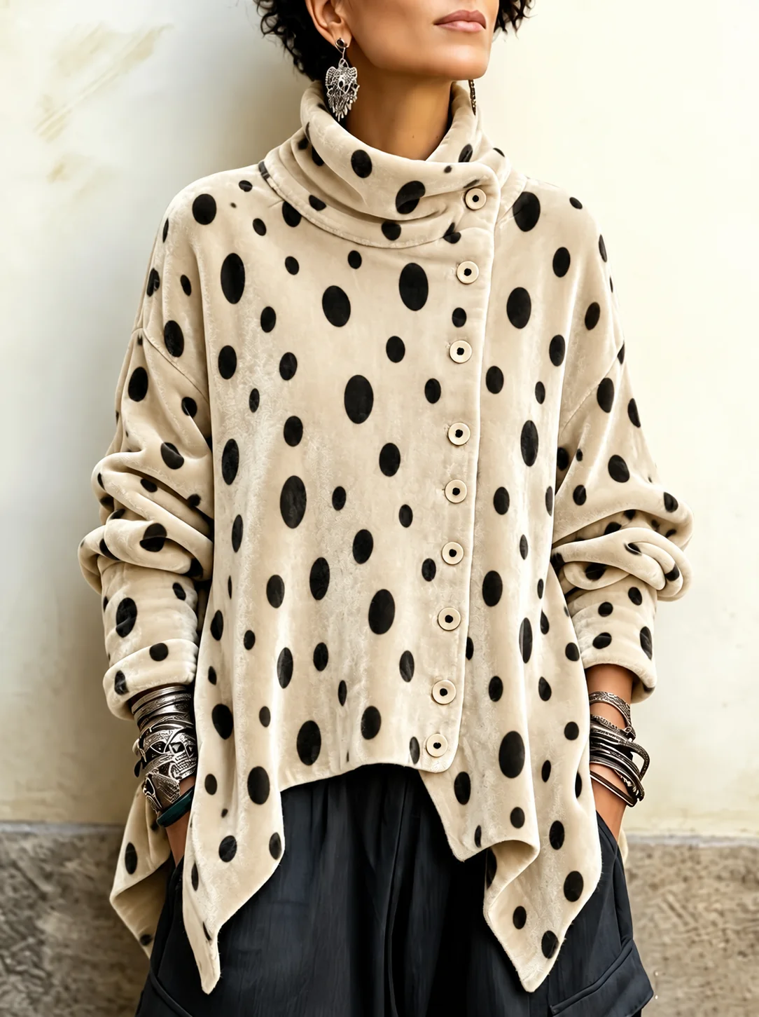 Vintage Abstract Print Asymmetrical Turtleneck Top