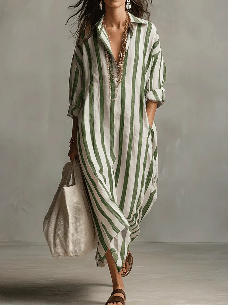 Casual And Cozy Striped Linen-cotton Dress