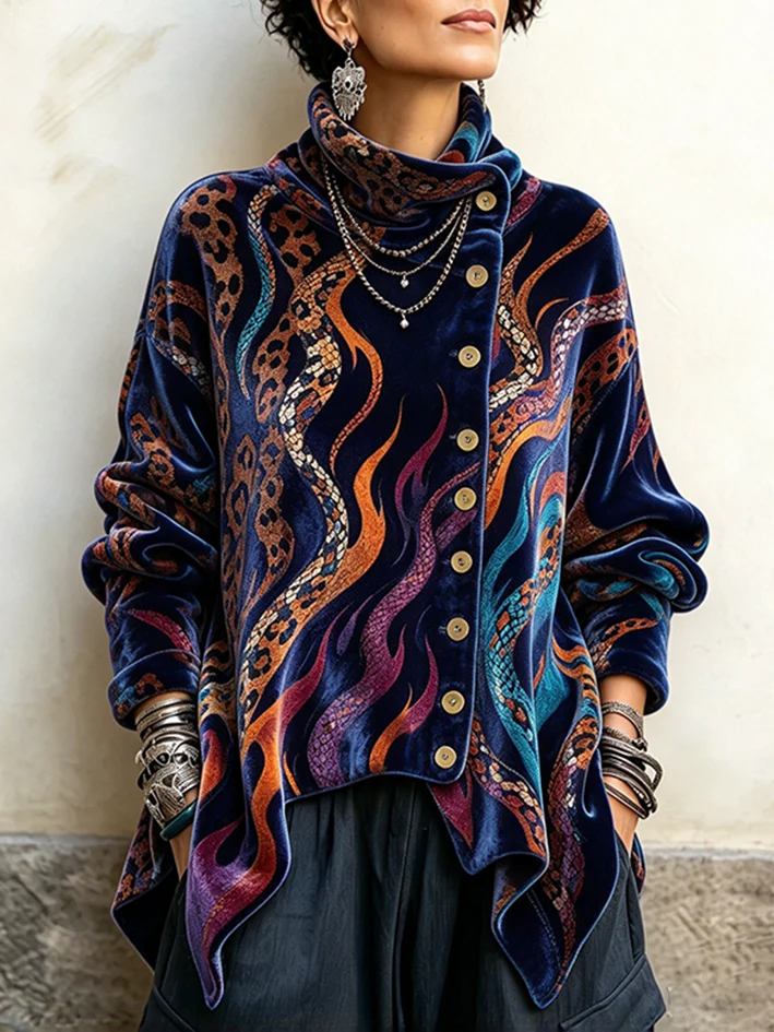 Vintage Abstract Print Asymmetrical Turtleneck Top
