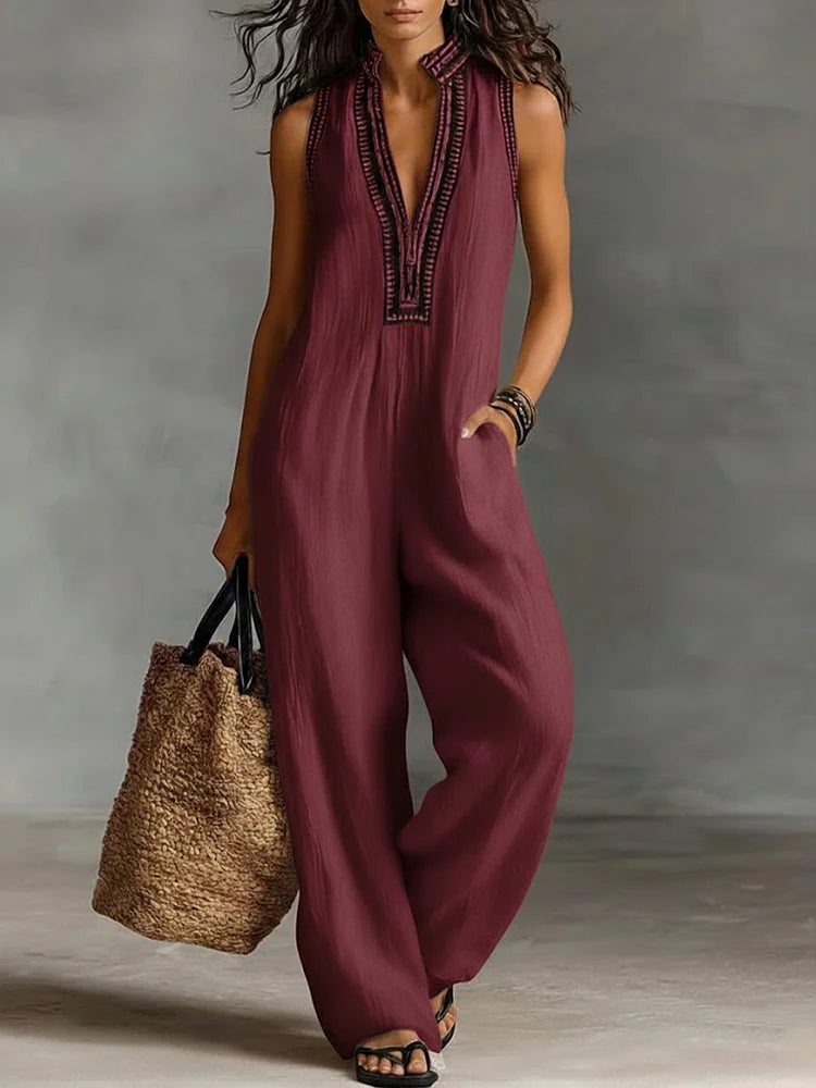 Women's V-neck Sleeveless Casual Loose Cotton And Linen Jumpsuit