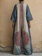 Women's Vintage Print V-neck 3/4-sleeve Cotton-linen Jumpsuit