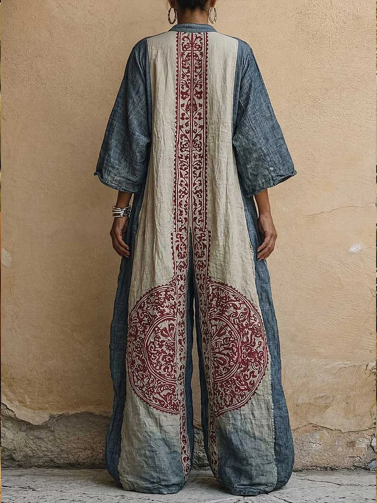 Women's Vintage Print V-neck 3/4-sleeve Cotton-linen Jumpsuit