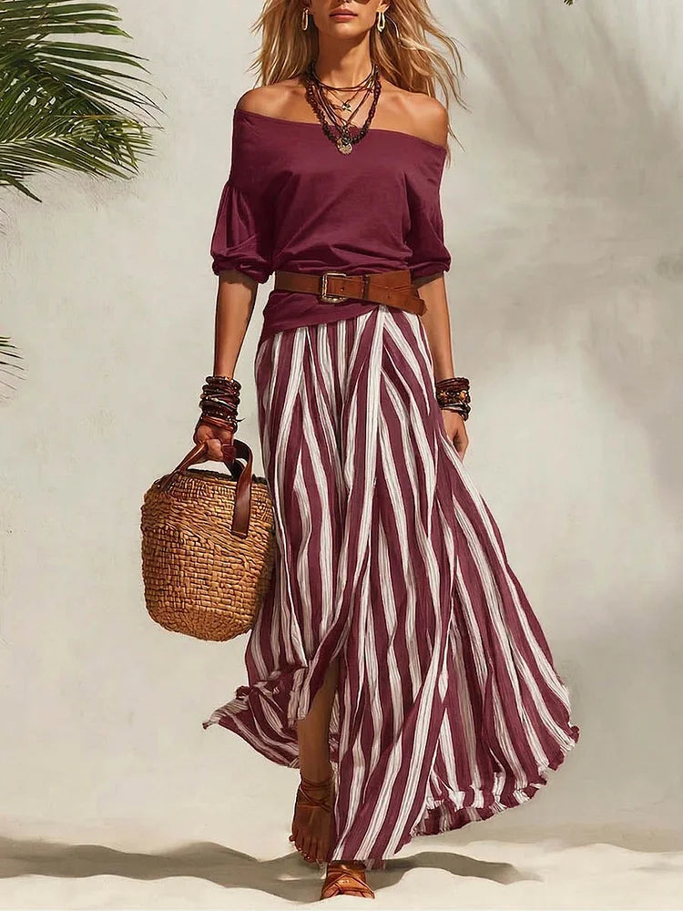 Women's Off-shoulder 3/4-sleeve Casual Top & High-waisted Skirt Cotton Set