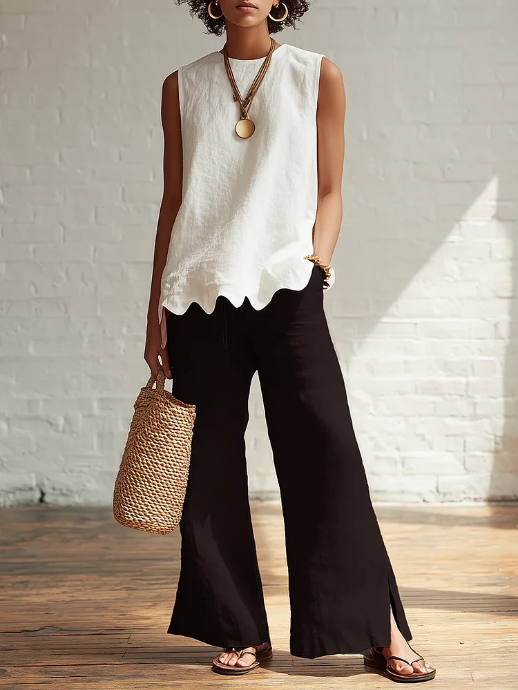 Elegant Minimalist Wavy Hem Shirt And Trousers Two-piece Set