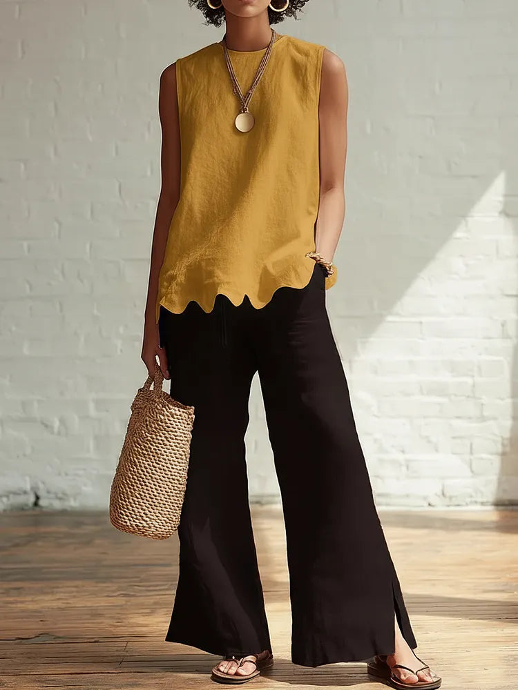 Elegant Minimalist Wavy Hem Shirt And Trousers Two-piece Set