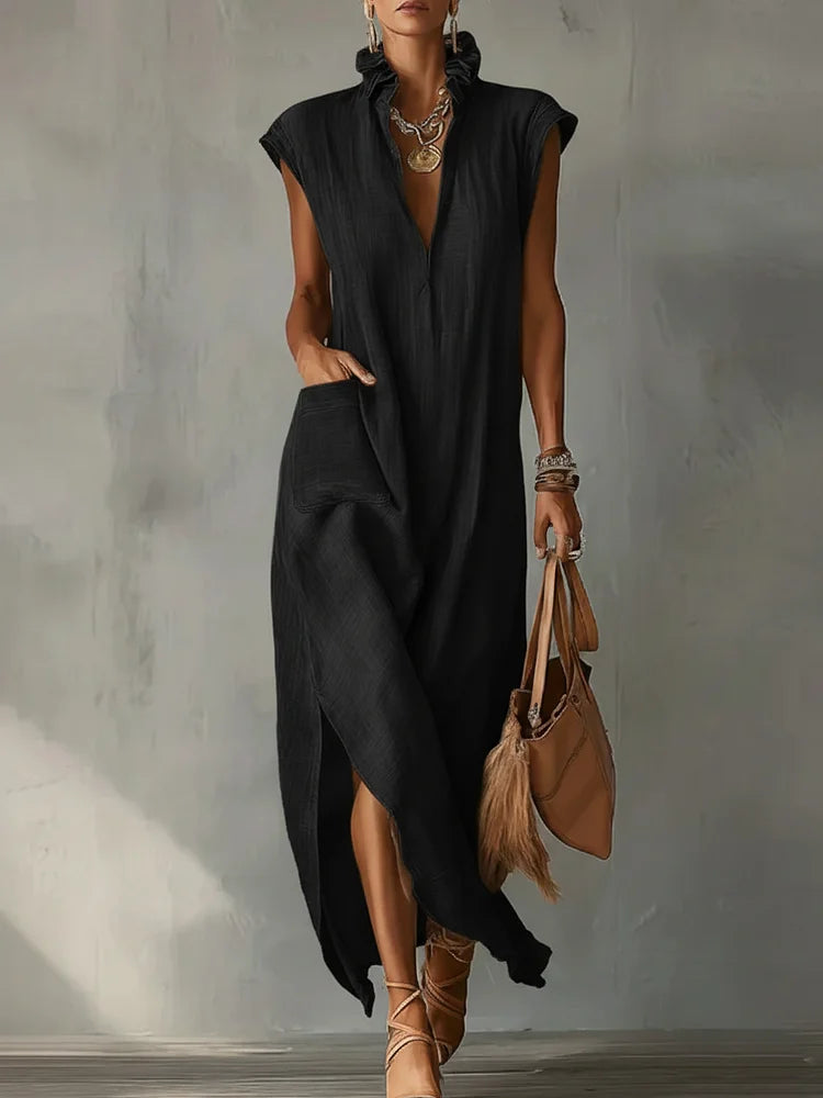 Women’s Ruffle Collar Cotton Linen Midi Dress – Elegant Summer Dress