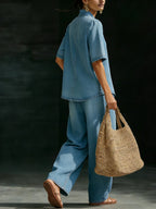 Minimalist Cozy Short-sleeved Top Wide-leg Jeans Denim Set