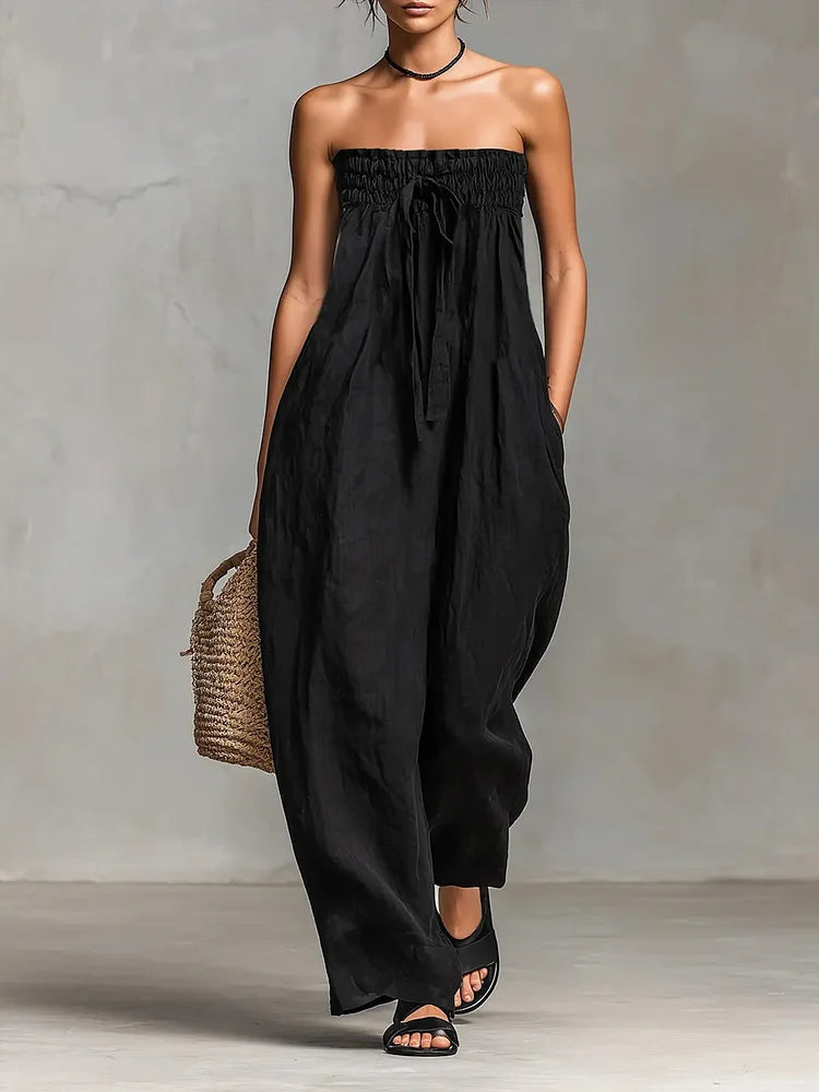 Women's Solid Color Strapless Casual Loose Cotton And Linen Jumpsuit
