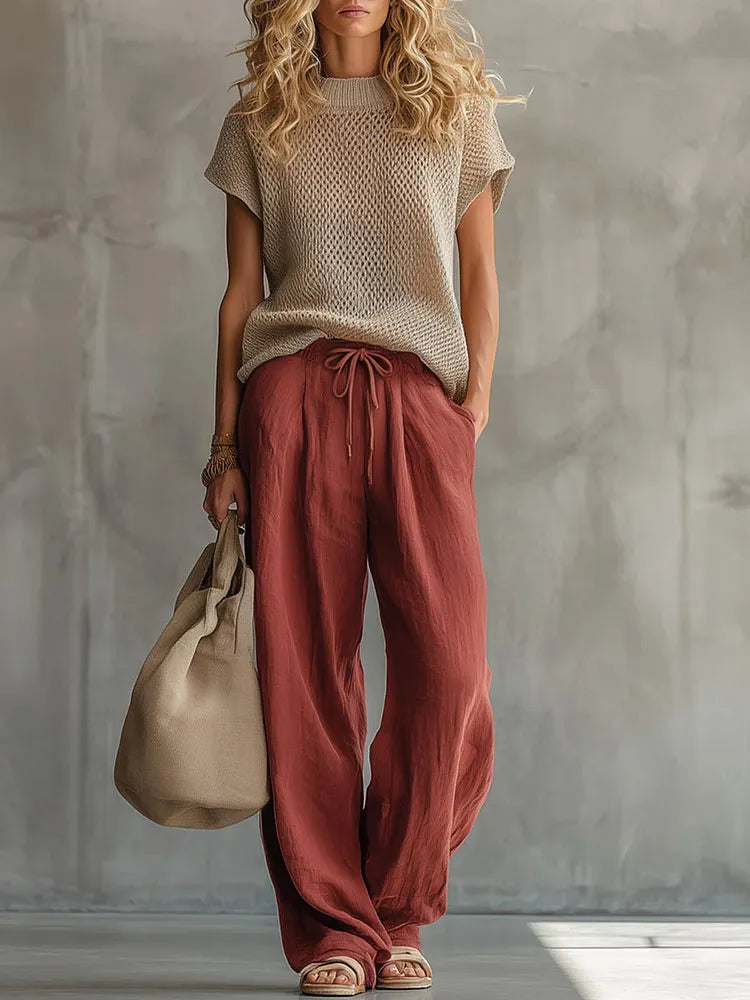 Casual Knitted Pullover Top And Linen-cotton Trousers Two-piece Set