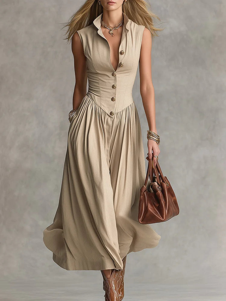 Women's Solid Color Collared Sleeveless Casual Loose Cotton Linen Dress