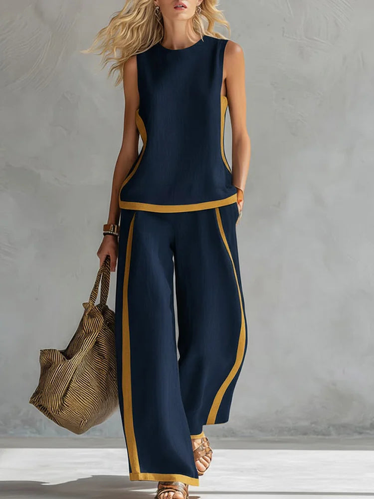 Women's Round Neck Sleeveless Casual Loose Top And High-waisted Loose Wide-leg Pants Cotton And Linen Set.