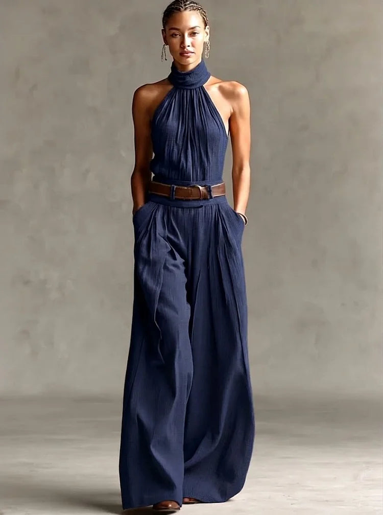 Stylish Waist-cinching Sleeveless Linen-cotton Jumpsuit