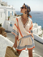 Women's Casual Vacation V-neck Striped Print Top and Shorts Two-piece Set