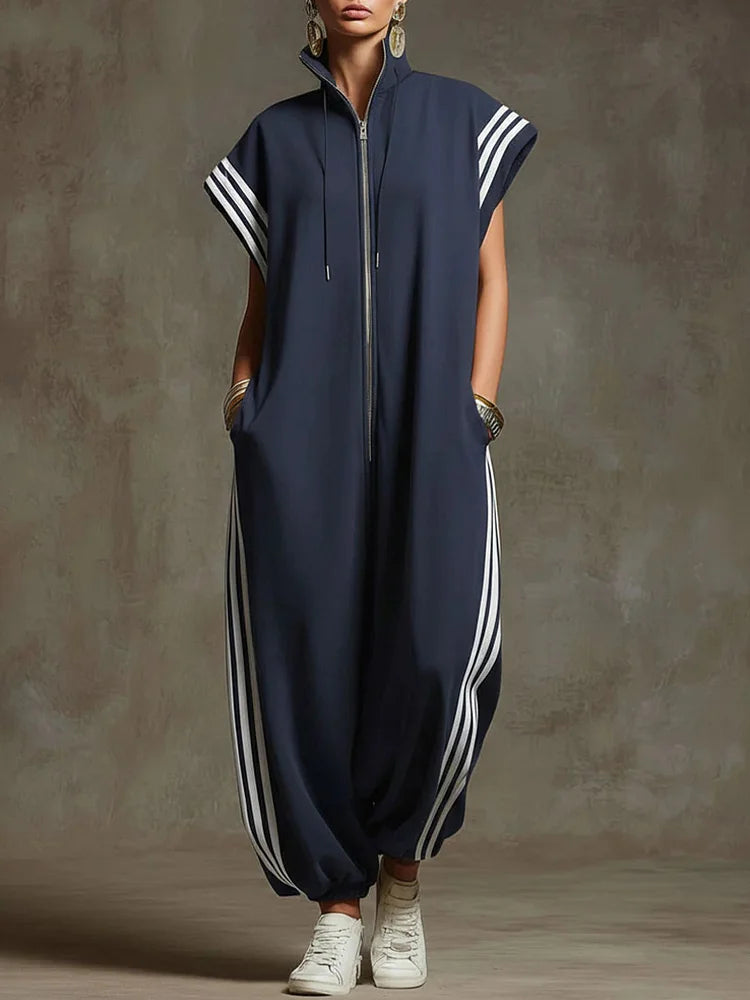 Women's Stand-collar Short-sleeved Casual Loose Cotton Wide-leg Jumpsuit