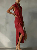 Women’s Ruffle Collar Cotton Linen Midi Dress – Elegant Summer Dress