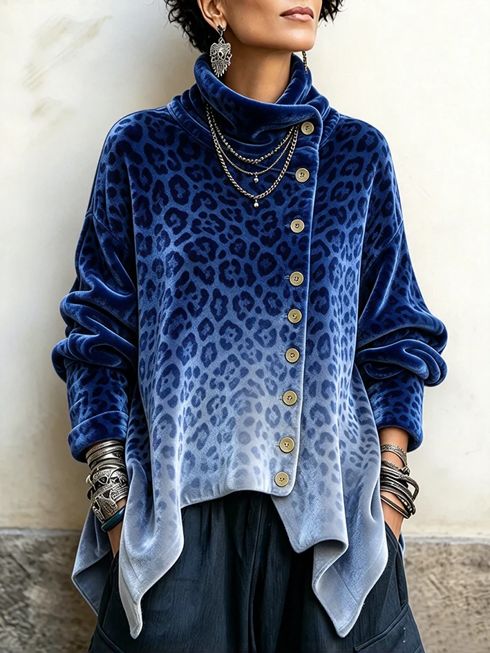 Vintage Abstract Print Asymmetrical Turtleneck Top
