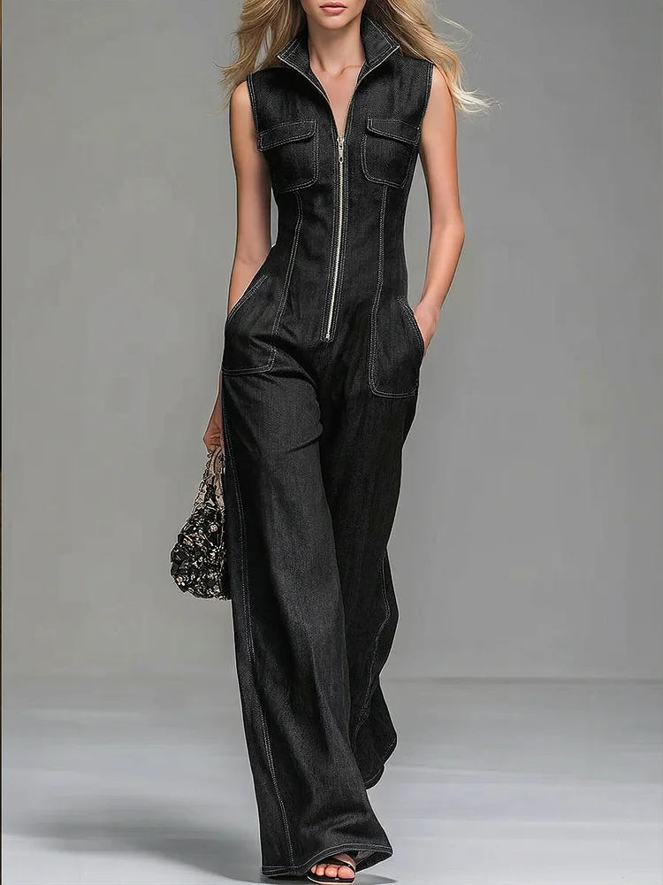 Women's Casual 100% Cotton Zip-up Denim Jumpsuit