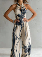 Retro-elegant Ink Wash Print Jumpsuit