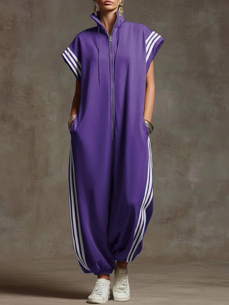 Women's Stand-collar Short-sleeved Casual Loose Cotton Wide-leg Jumpsuit