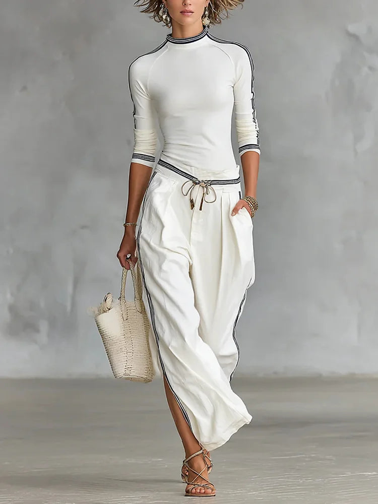 Cozy Stretch Knit Top And Linen And Cotton Trousers Two-piece Set