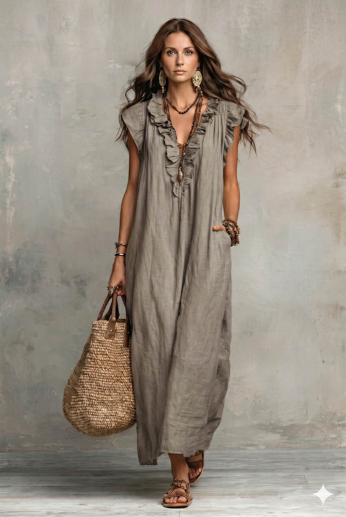 Women's Solid Color Ruffled Art Casual Fashion Cozy Cotton Linen Dress