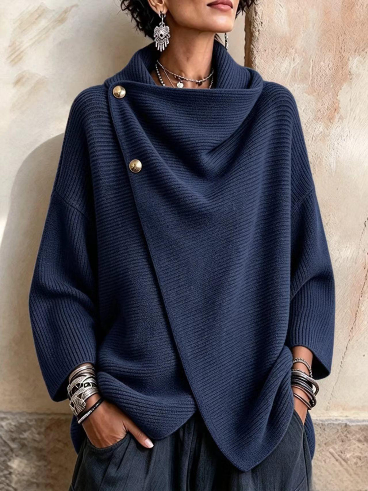Chic Knitted Asymmetric Button-up Top