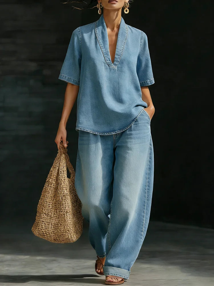 Minimalist Cozy Short-sleeved Top Wide-leg Jeans Denim Set