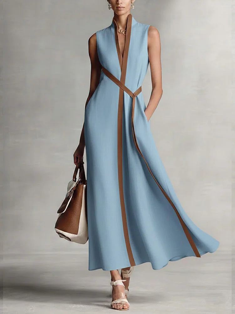 Women's Stand-up Collar Sleeveless Casual Loose Cotton And Linen Dress
