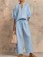 Stylish Cozy Shirt And Wide-leg Pants Linen Cotton Two-piece Set