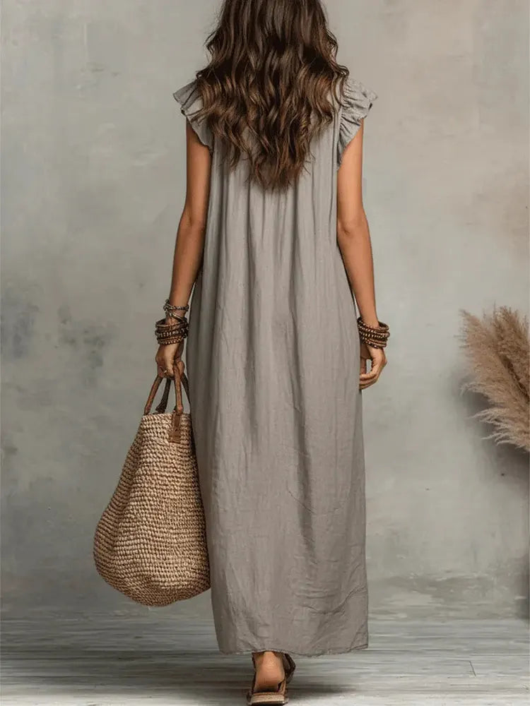 Women's Solid Color Ruffled Art Casual Fashion Cozy Cotton Linen Dress
