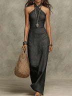Stylish & Sexy Halter-neck Cotton-linen Maxi Dress