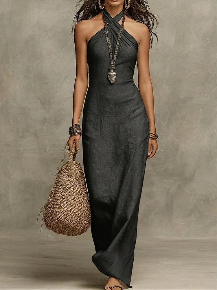 Stylish & Sexy Halter-neck Cotton-linen Maxi Dress
