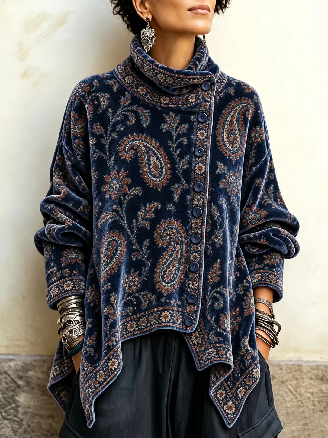 Vintage Abstract Print Asymmetrical Turtleneck Top